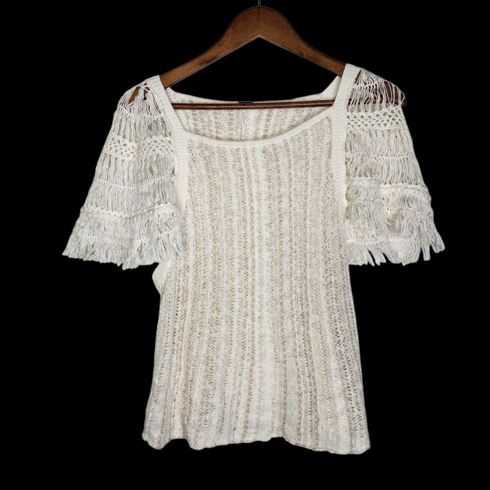 Free People Womens Ivory Blackbird Macrame Crochet Fringe Blouse Size Small